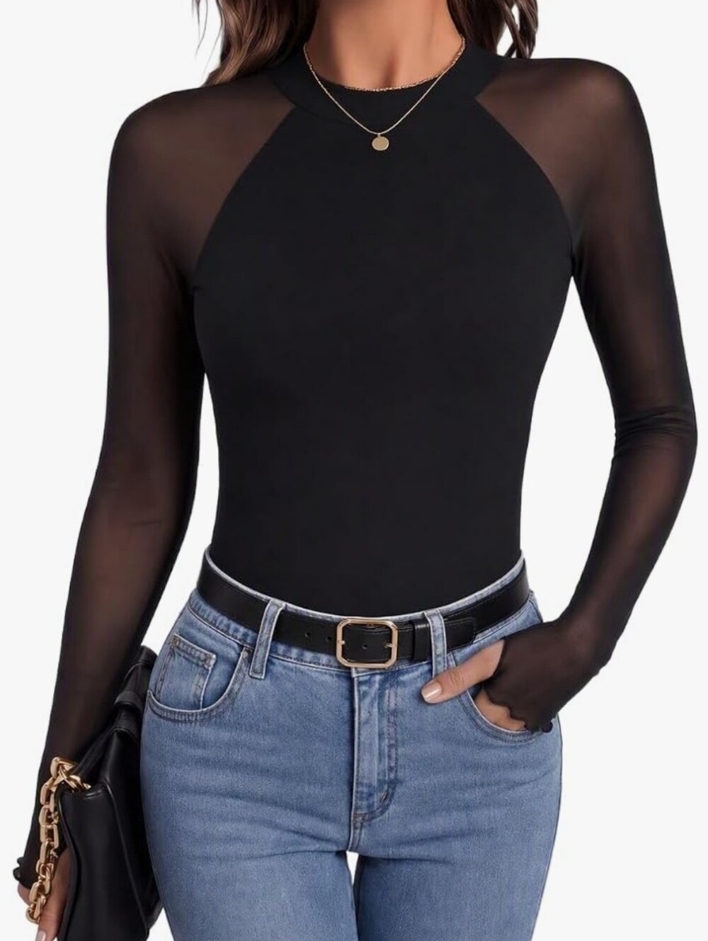 Sheer-Sleeve Black Women's Top - Sleek Long Sleeve Bodysuit